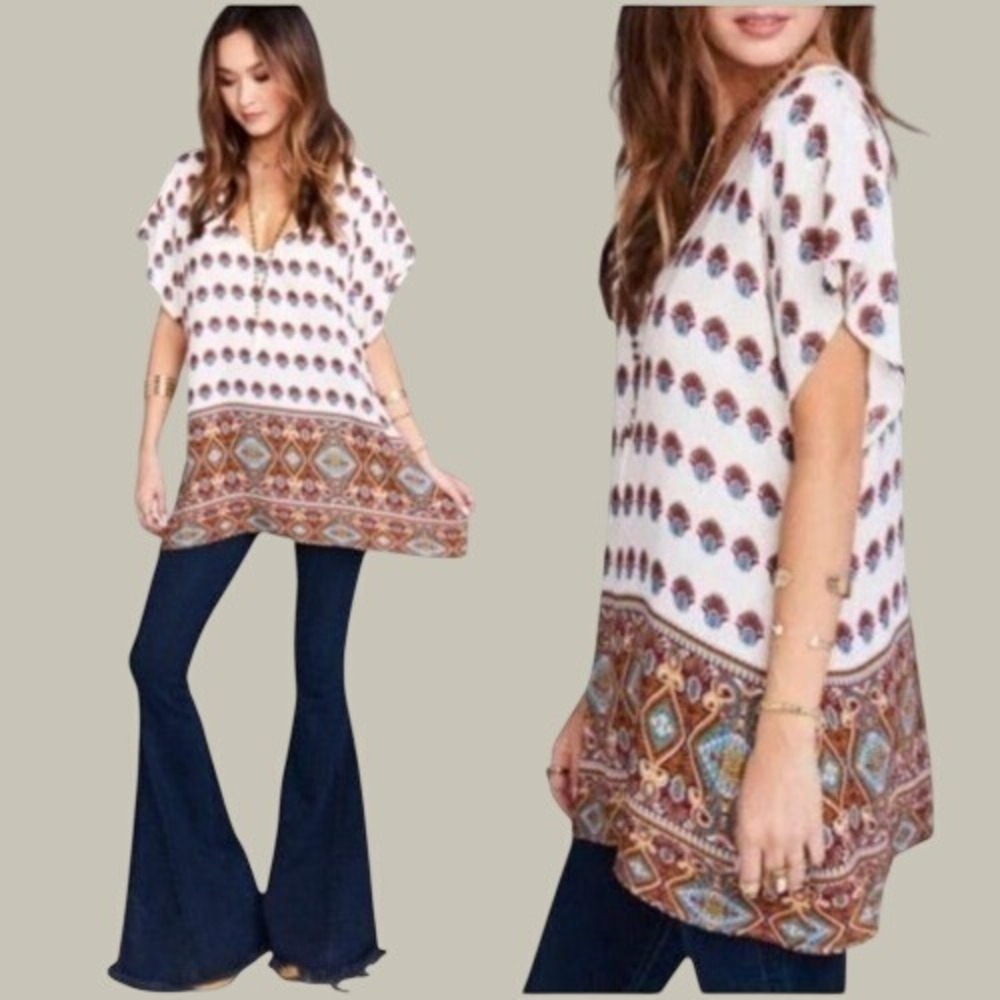 Show Me Your Mumu Boho Paisley Tunic Top Women XS Ivory Blue Flowy Vacation Chic
